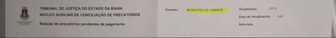 Camacã: Prefeitura recebe cobrança de precatório no valor de 504 mil reais decorrente de governos anteriores

